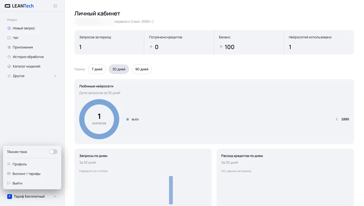 Личный кабинет: InsMind и другие нейросети на одном балансе