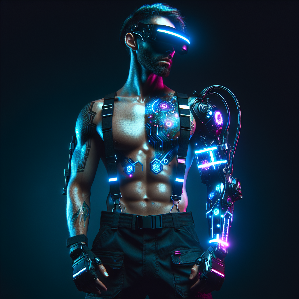 Futuristic Cyberpunk Illustration with Neon Tattoos & Techwear Helmet