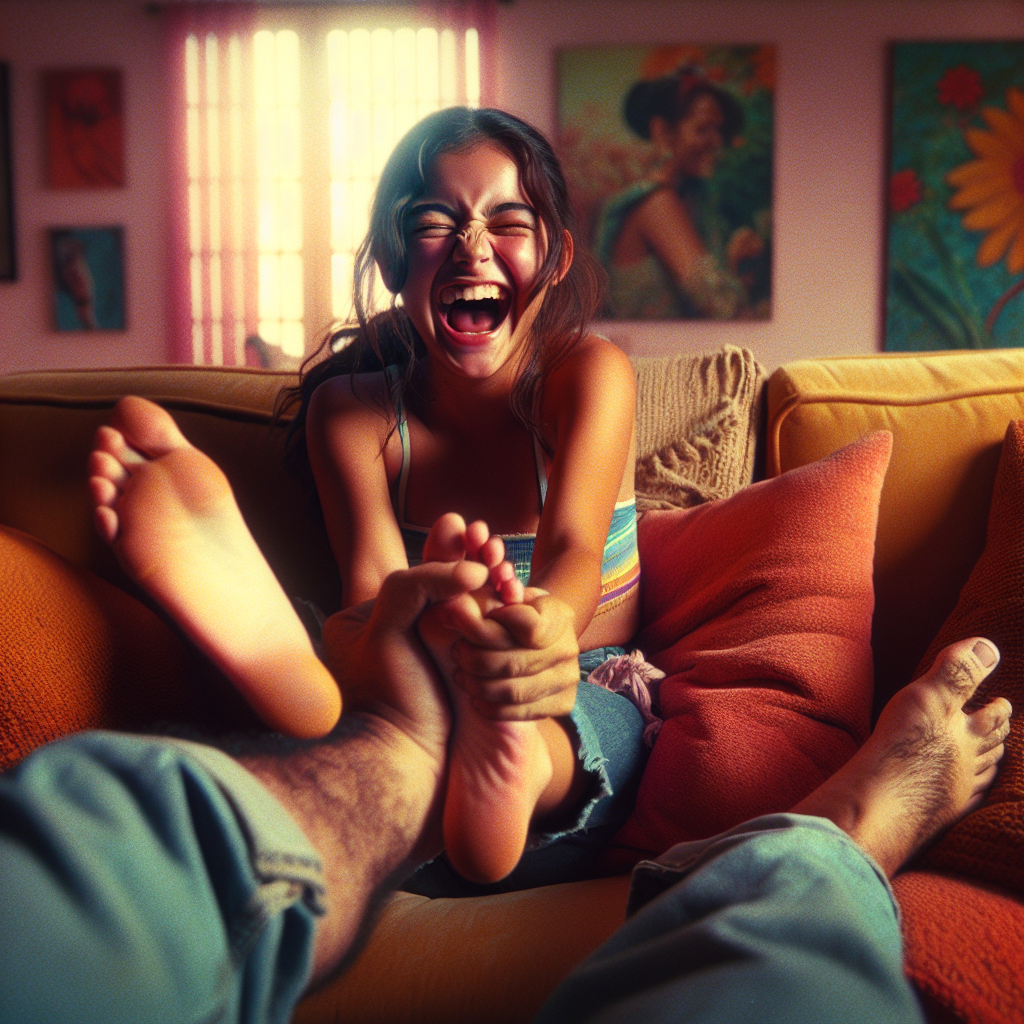 Joyous Scene of Playful Latina Teen Laughter on Cozy Couch