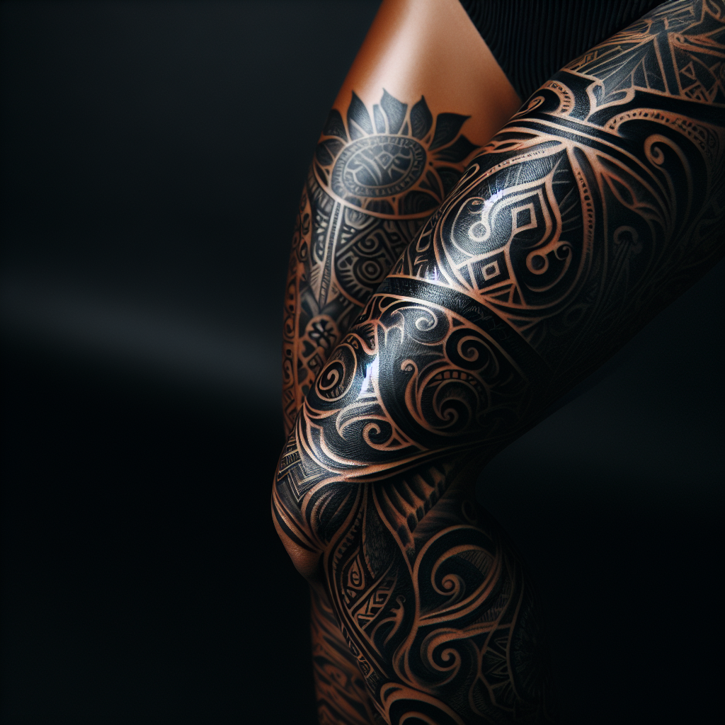 Detailed Dark Tribal Leg Tattoo Design for Women