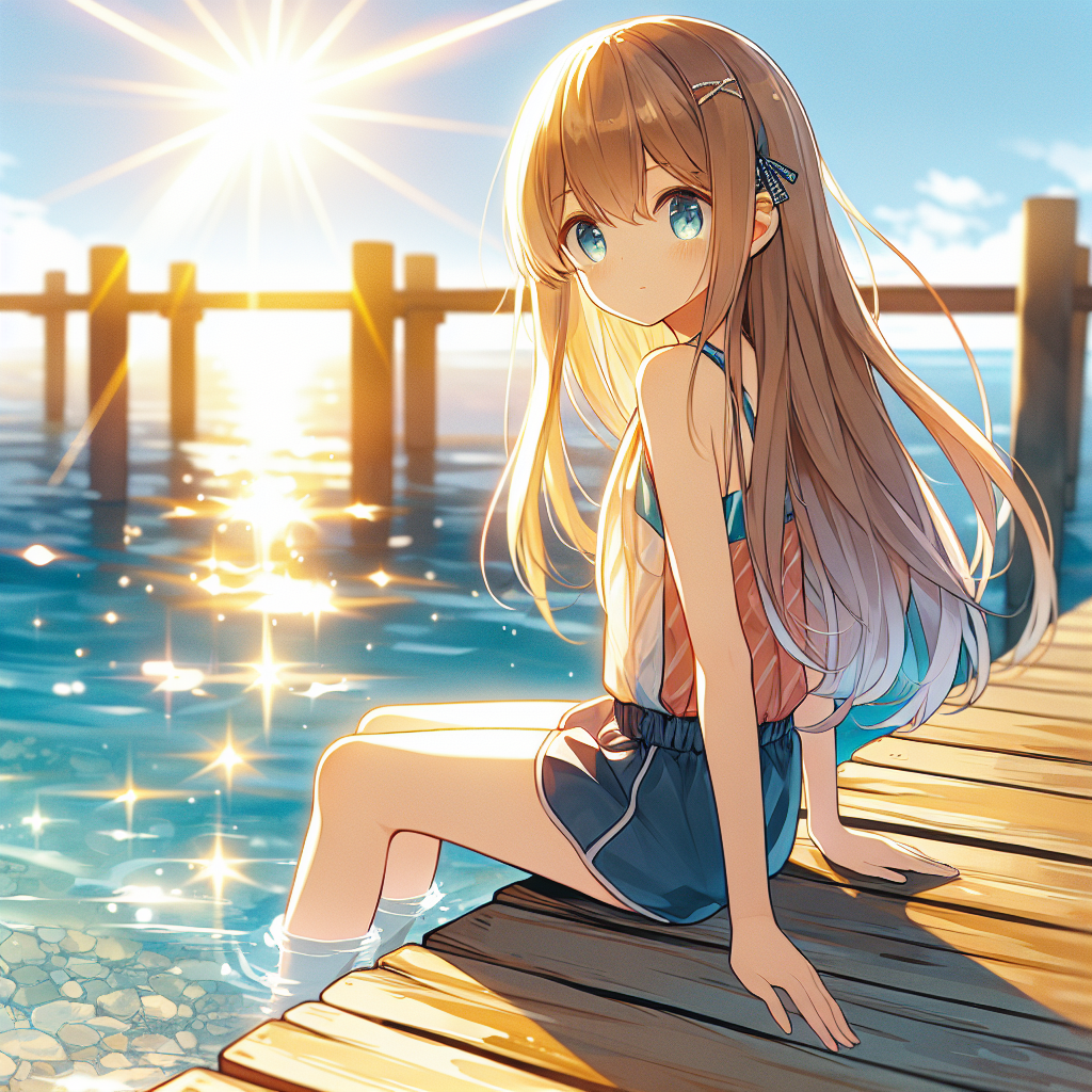 Young Anime Girl on Pier in Sunny Day Swimsuit Scene