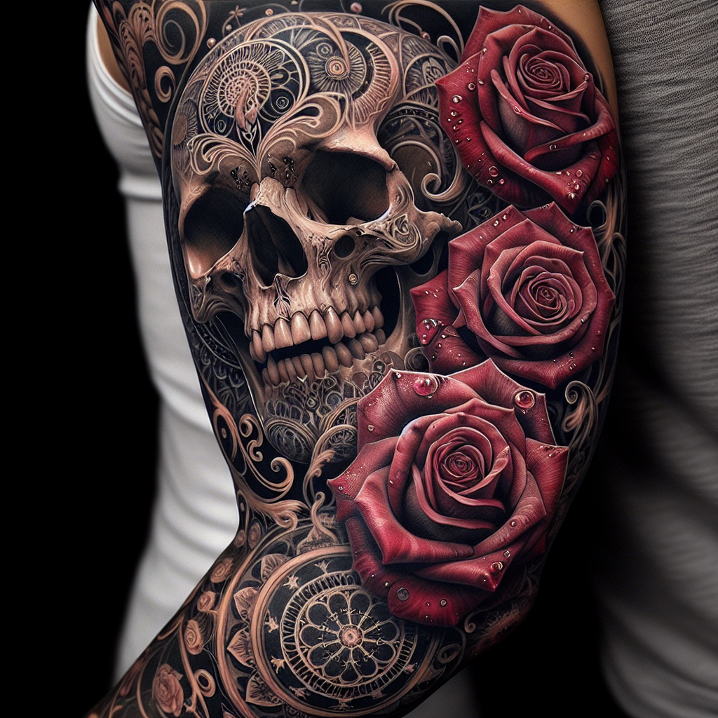 Intricate Arm Sleeve Tattoo Featuring Skull, Mandala & Roses