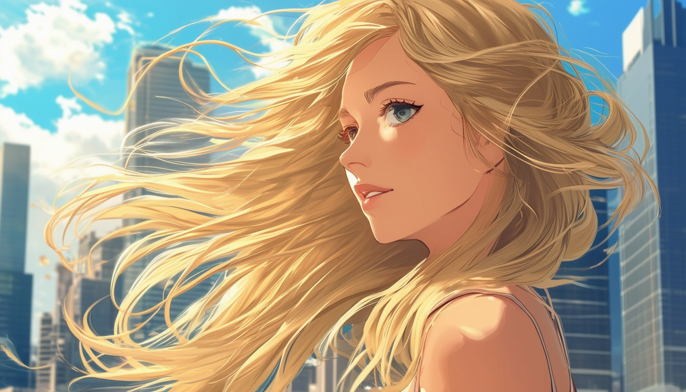 Blonde Anime Style Young Woman with Flowing Hair in Wind