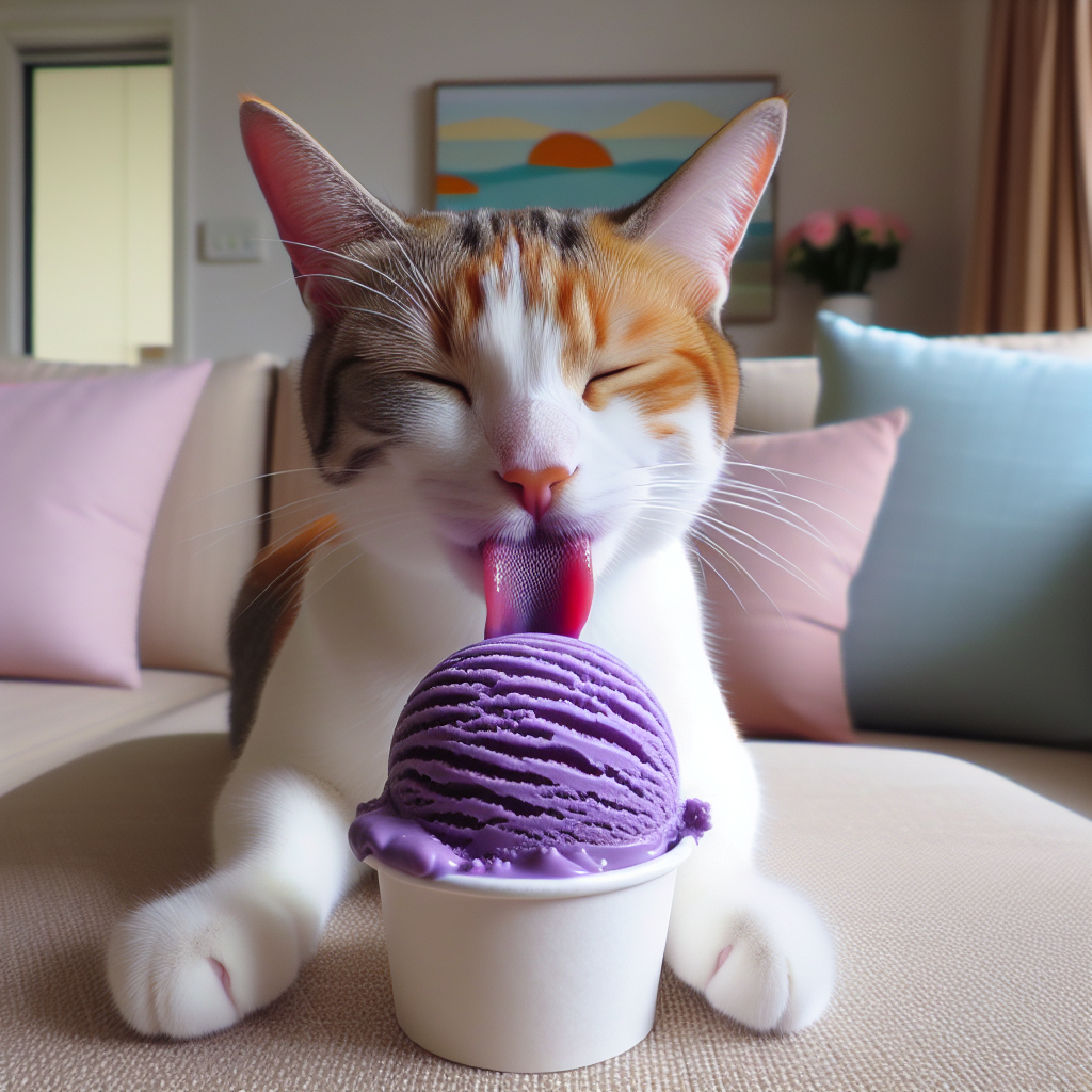 Domestic Cat Enjoying Ube Ice Cream Dessert