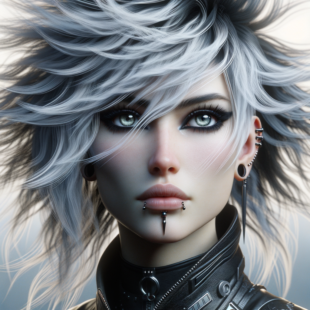 Photorealistic High-Def Digital Art: Goth Female with Silver-White Hair