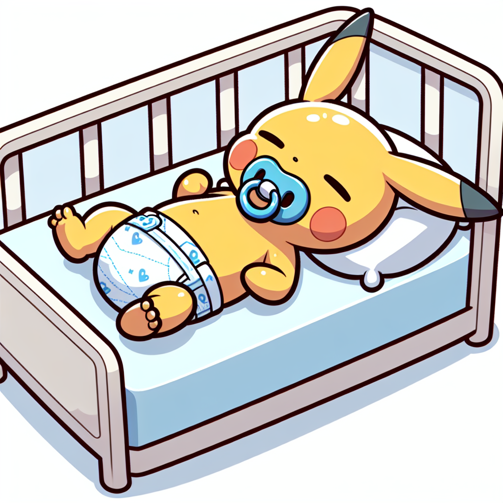 Newborn Pikachu in Diapers and Pacifier Sleeping in Crib