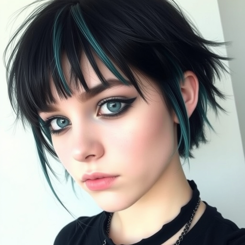 Teen Girl Embracing Emo Gothic Style with Teal Streaks