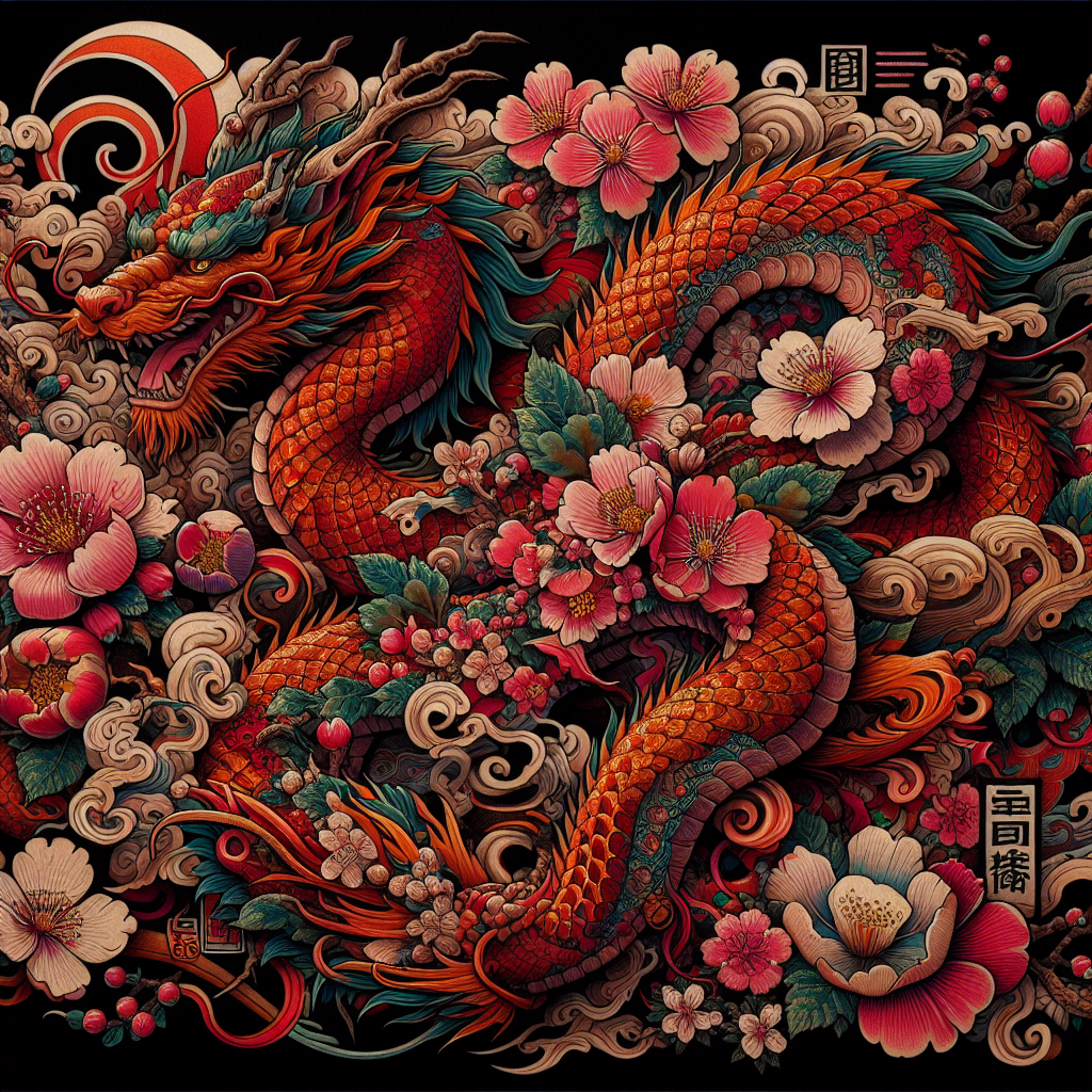 Japanese Dragon Tattoo Design with Cherry Blossom Illustration