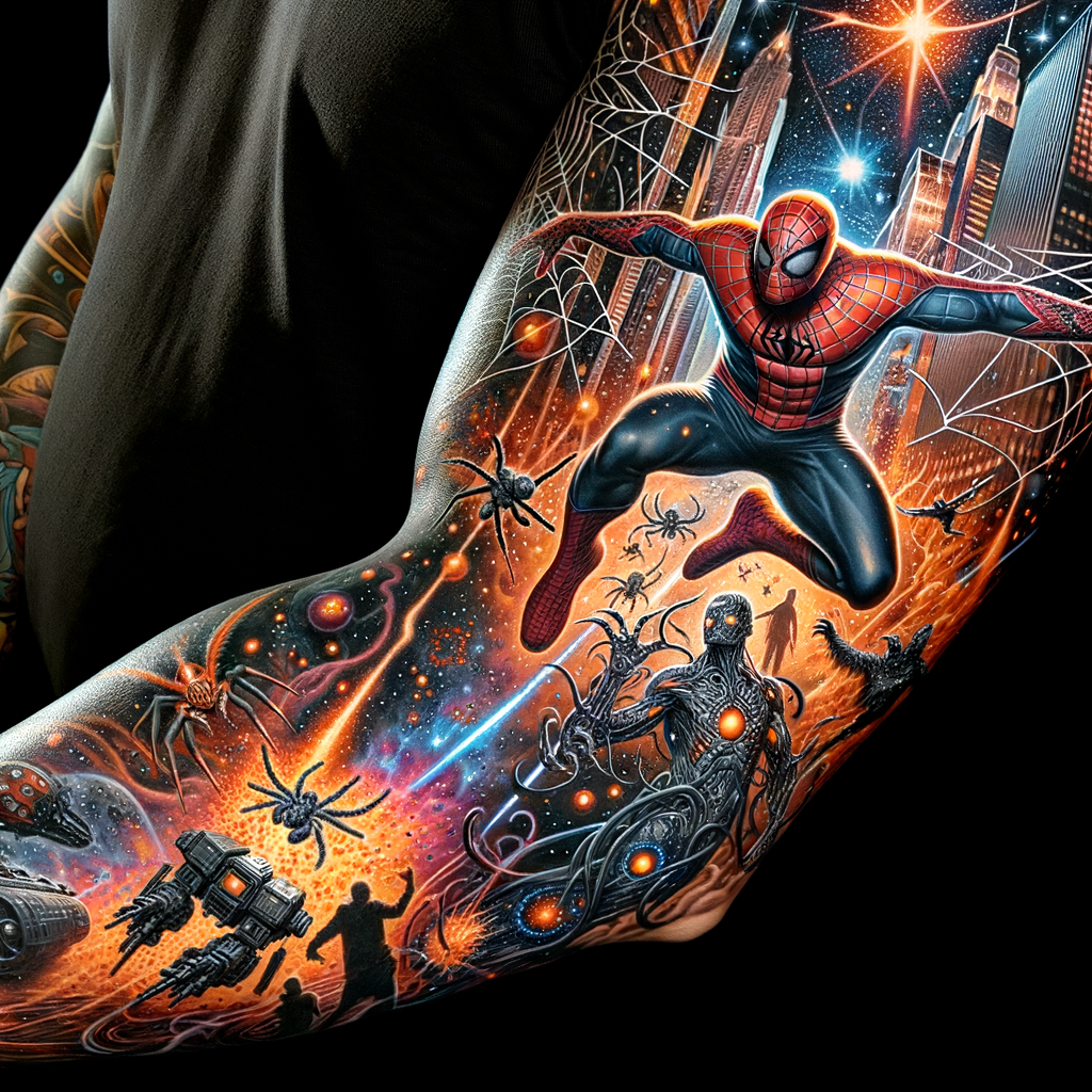 Arm Sleeve Tattoo Featuring Spiderman, Goku, Star Wars Characters