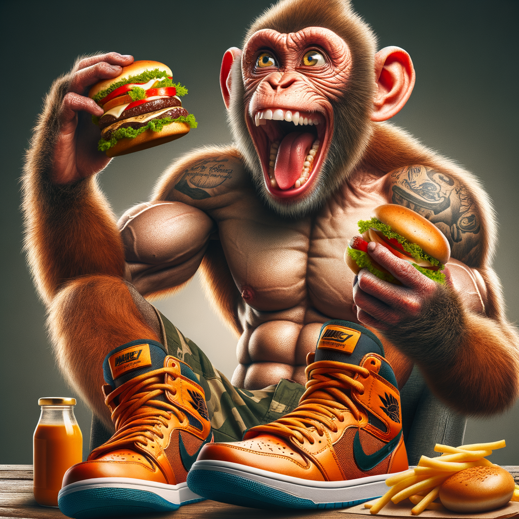 Muscular Monkey Enjoying Burgers in High-Top Basketball Shoes