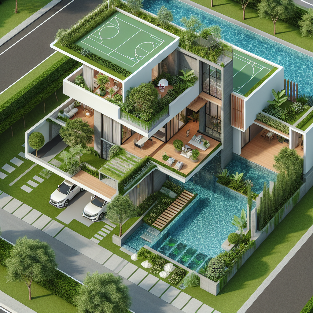 Modern Two-Storey House Plan with Lush Garden, Pool, and More