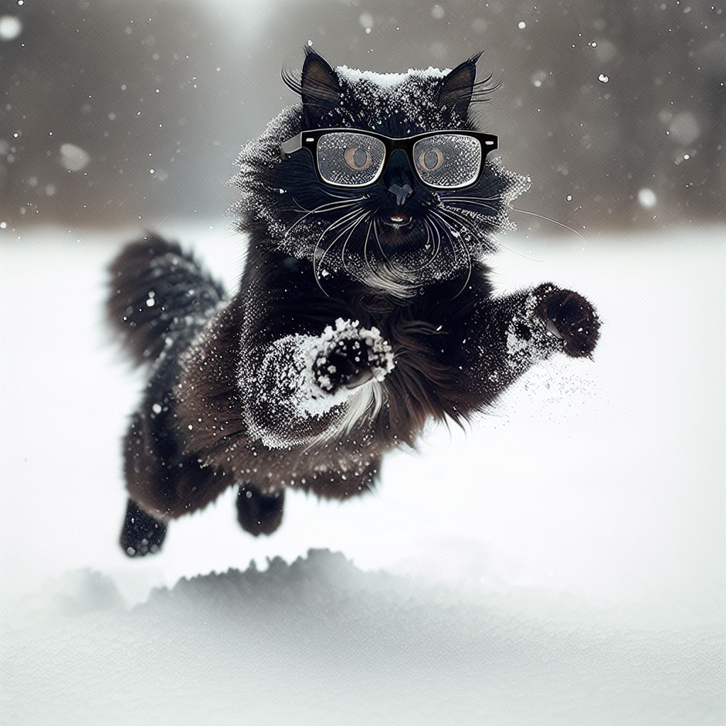 Playful Black Cat Jumping in Snow