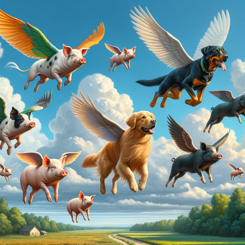 Imaginative Scene of Dogs and Pigs Soaring Through the Sky