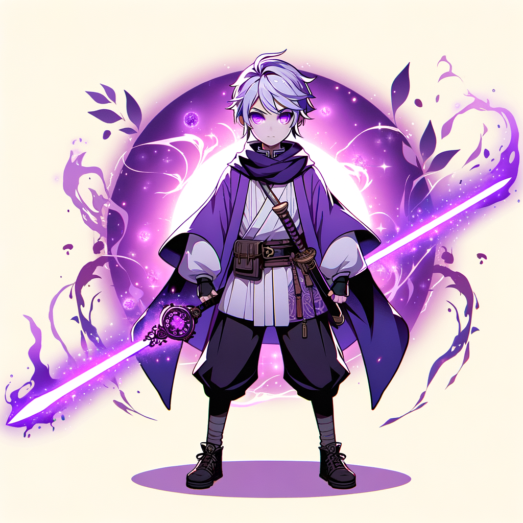 Anime-Style Character Emanating Purple Aura with Sword