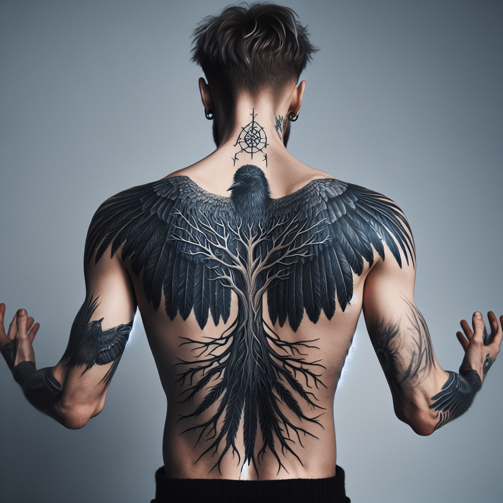 Man with Raven Feather and Yggdrasil Tattoos