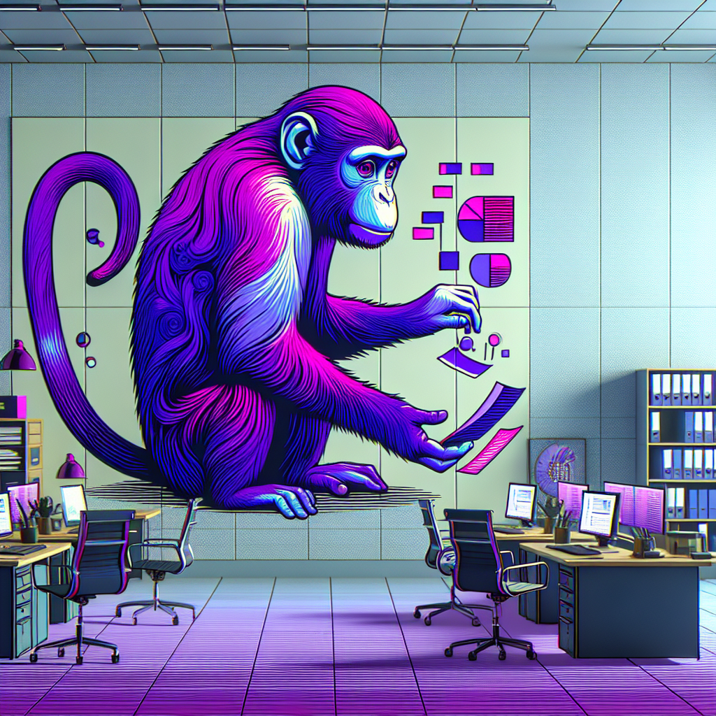 Animated Monkey in Purple in Office Setting