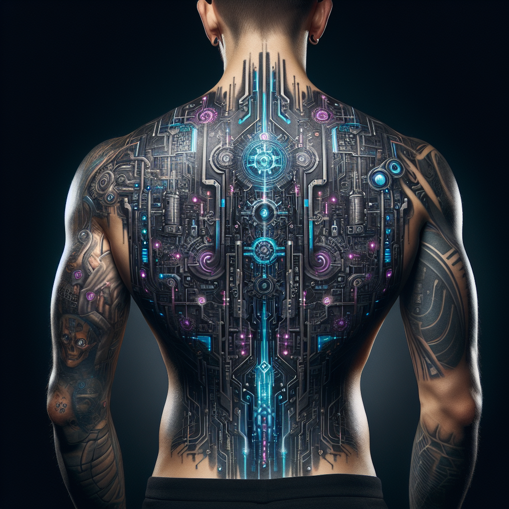 Detailed Cyberpunk Back Tattoo