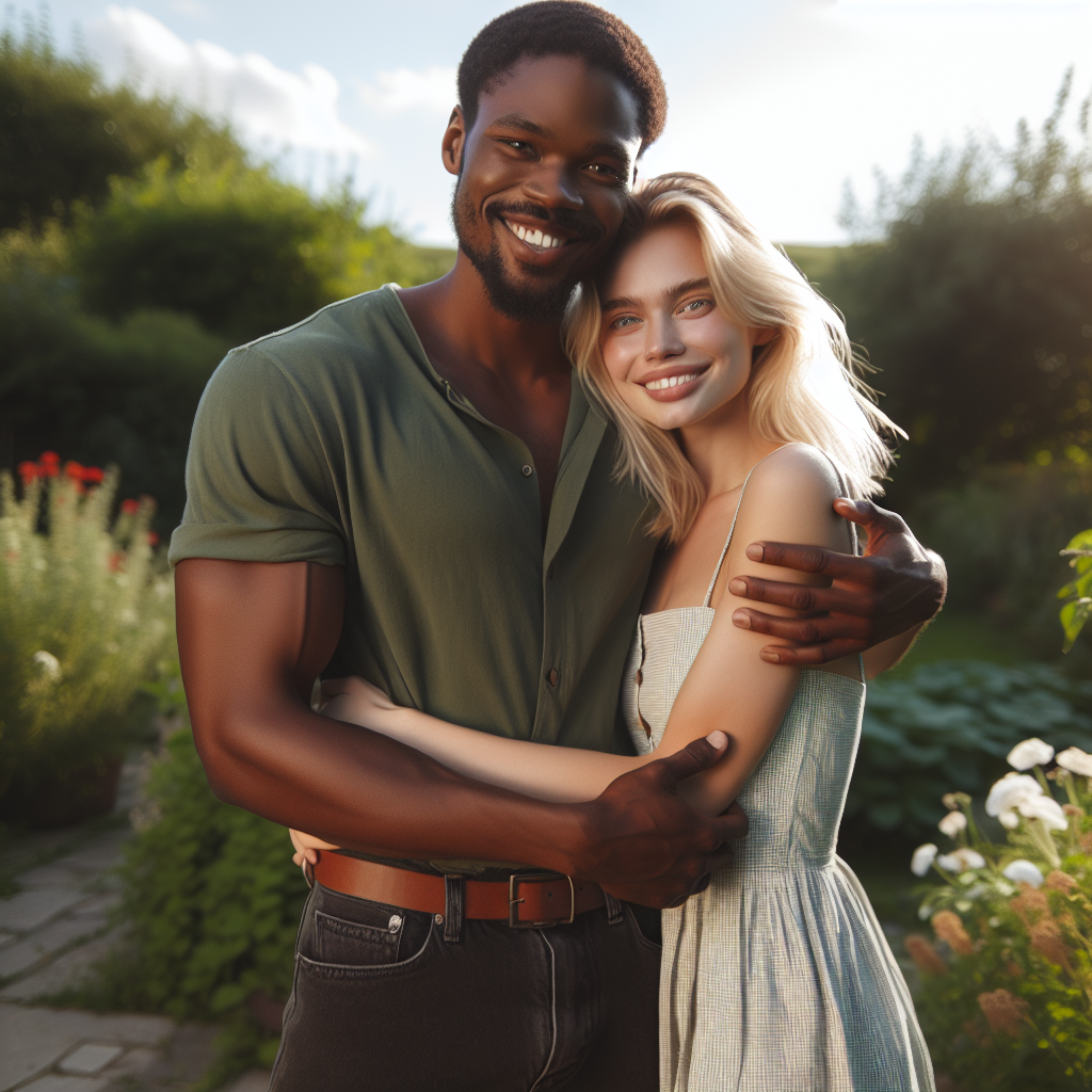 Genuine Companionship Outdoors: Black Man & Blonde Woman Hugging