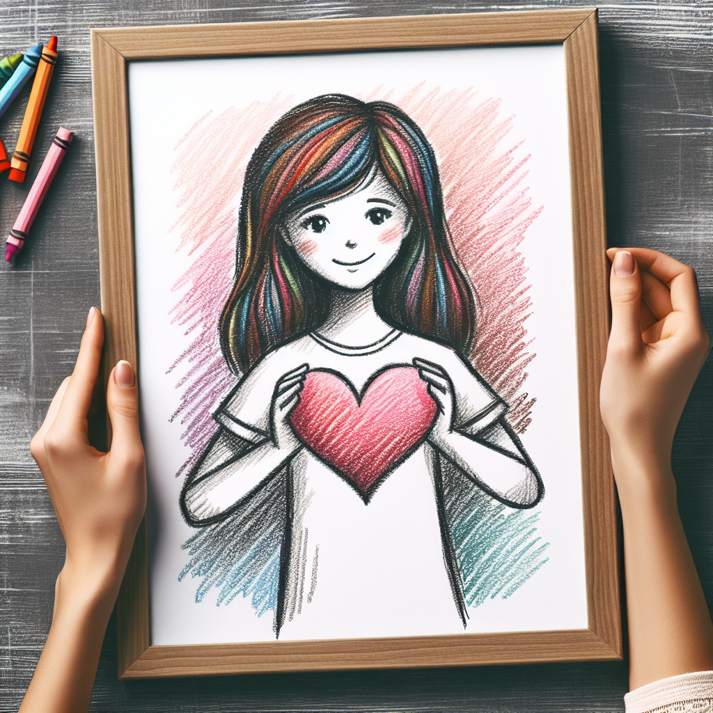 Crayon-Style Girl Holding Heart Drawing