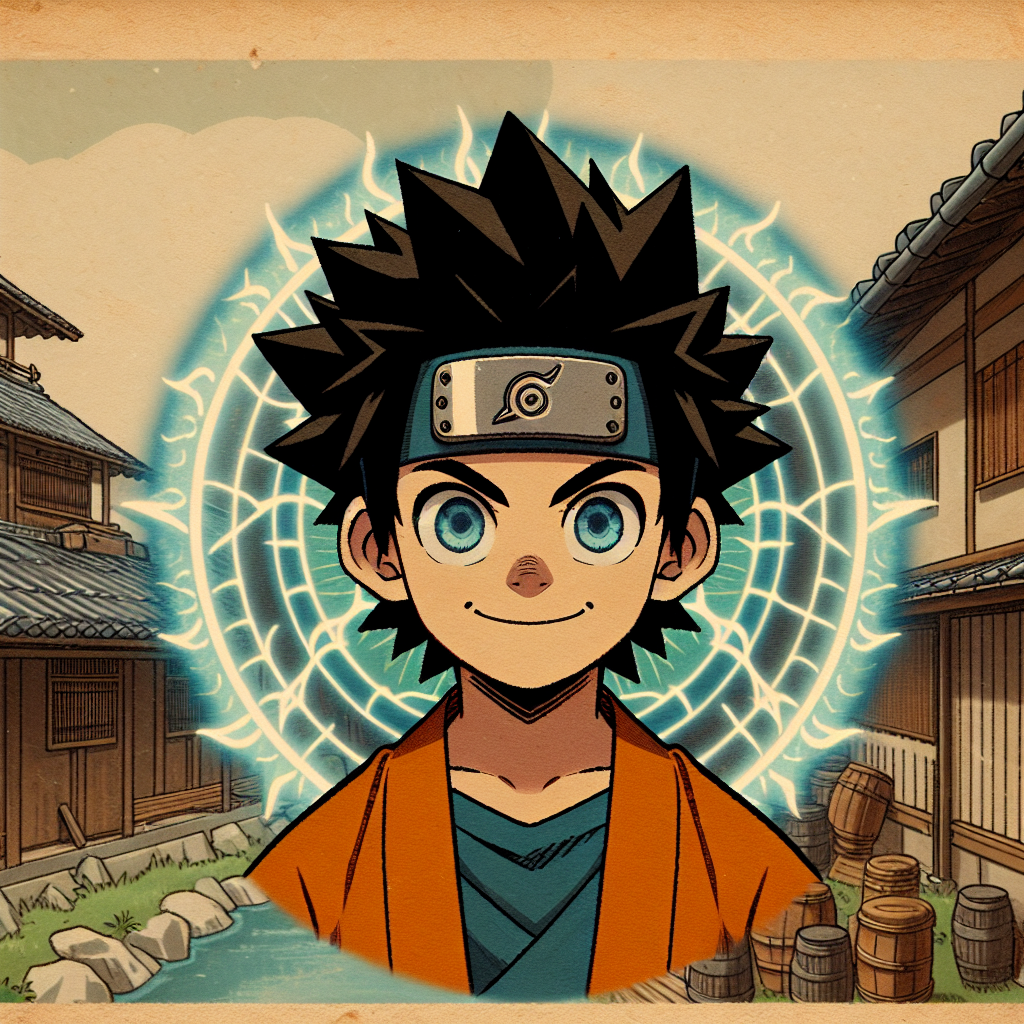 Adventurous Character with Spiky Hair in a Japanese Village Setting