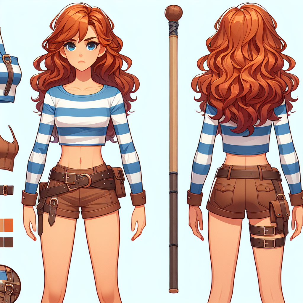 Wavy Orange Haired Character in Blue & White Striped Shirt and Brown Shorts