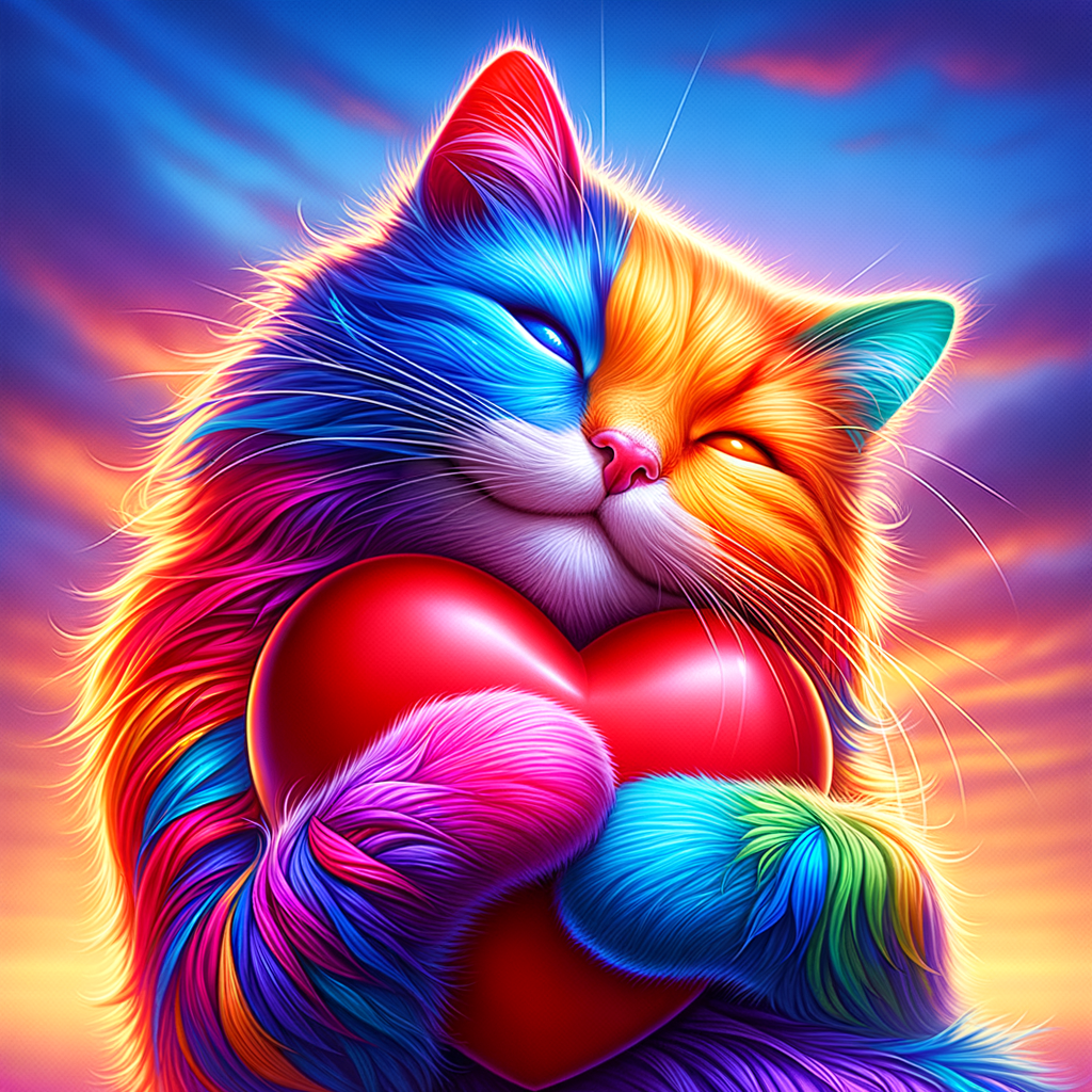 Colorful Rainbow Cat Hugging Heart