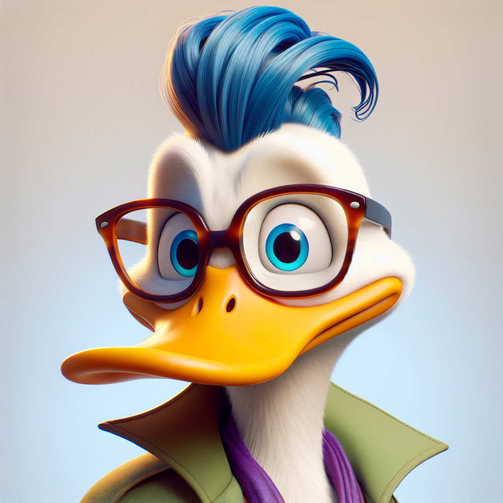 Duck with Blue Hair and Glasses in Pixar Style