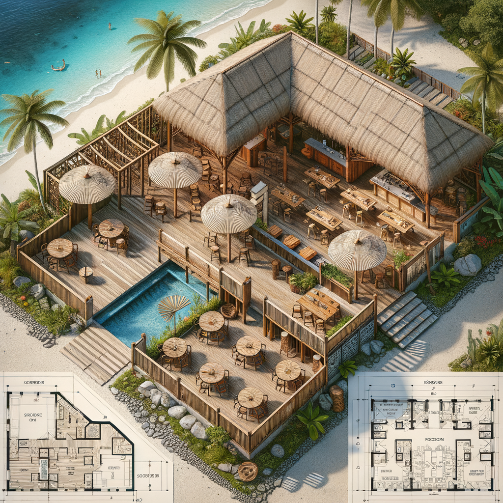 Aerial View Design: Caribbean Beachfront Restaurant with Open-Air Dining & Bar Area