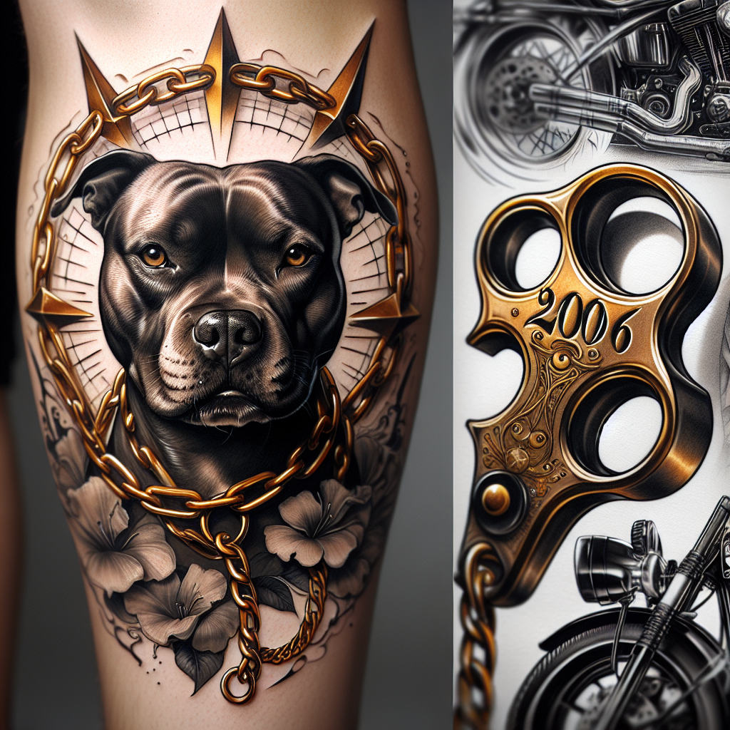 Staffordshire Bull Terrier Tattoo Design with Golden Chain and Knuckleduster