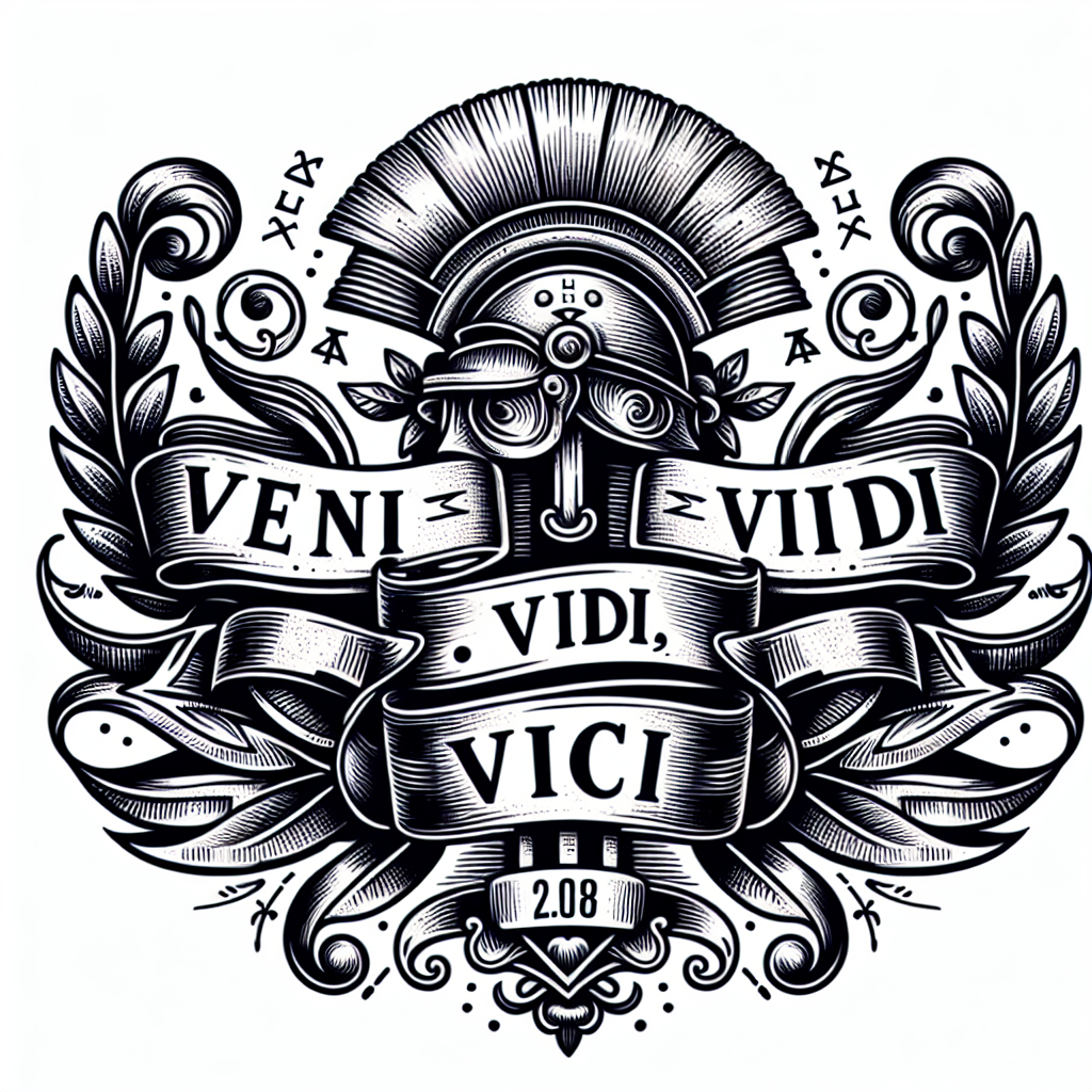 Intricate Tattoo Design with Latin Phrase 'Veni Vidi Vici'