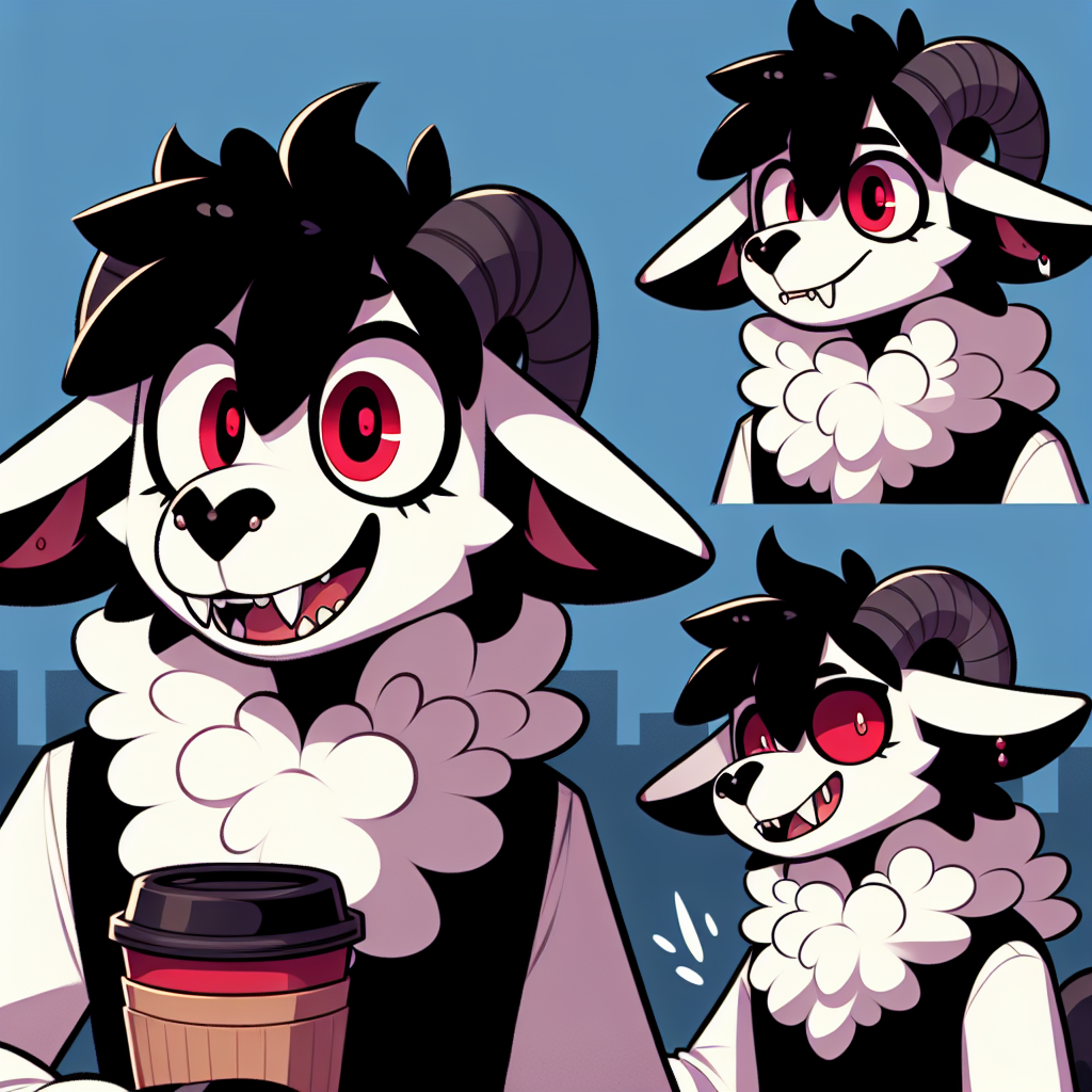 Whimsical Sheep Fursona with Black Bat Ears and Cherry Red Eyes