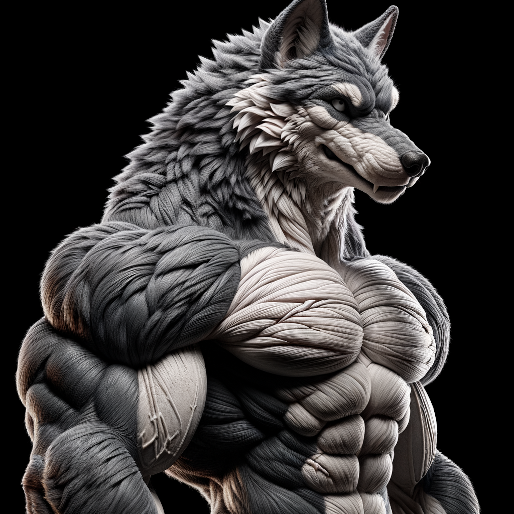 Impressive Muscular Wolf Character with Grey & White Fur