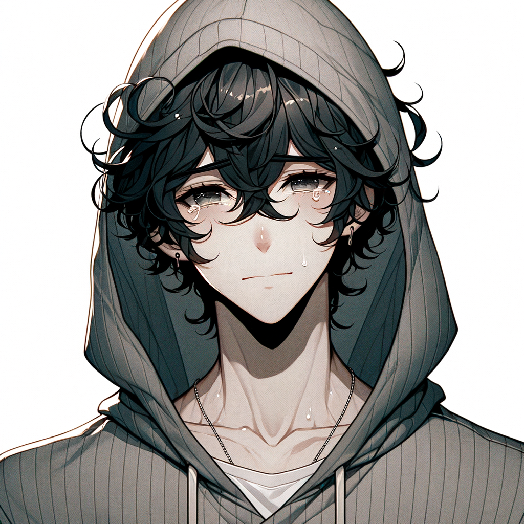 Mysterious Anime Male Character in Grey Hoodie with Tears