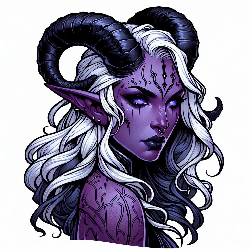 Female Tiefling Warlock with Purple Skin, White Hair, and Curled Horns