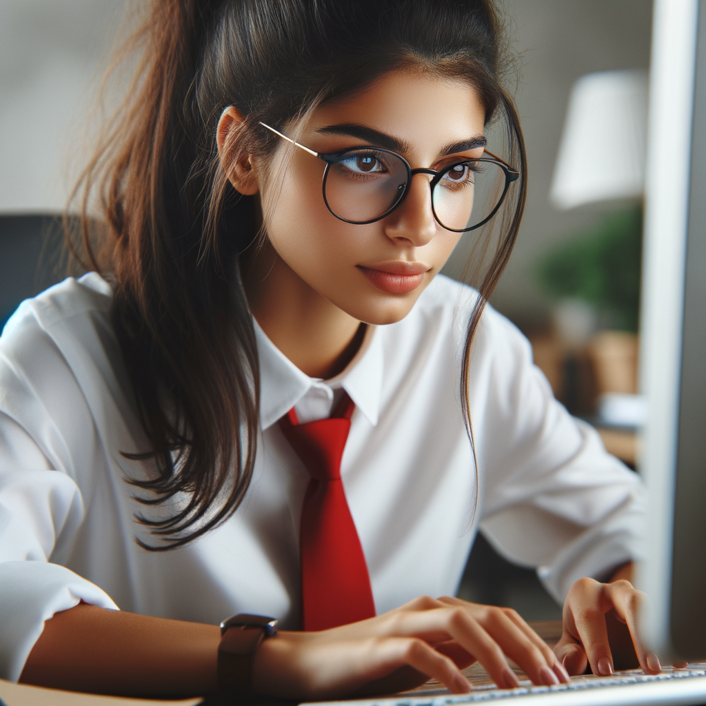 Mia Khalifa: Young Female Office Worker Typing at Desk