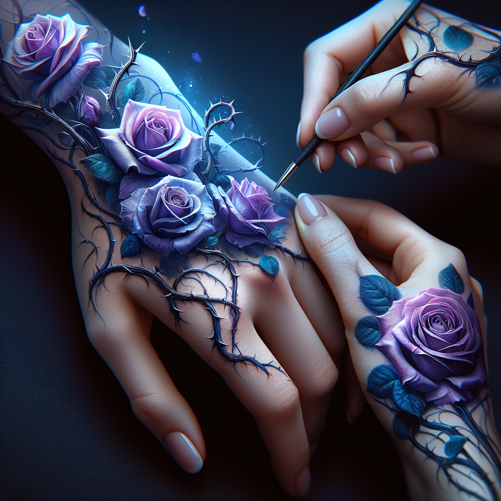Stunning Hand Tattoo of Purple and Blue Roses