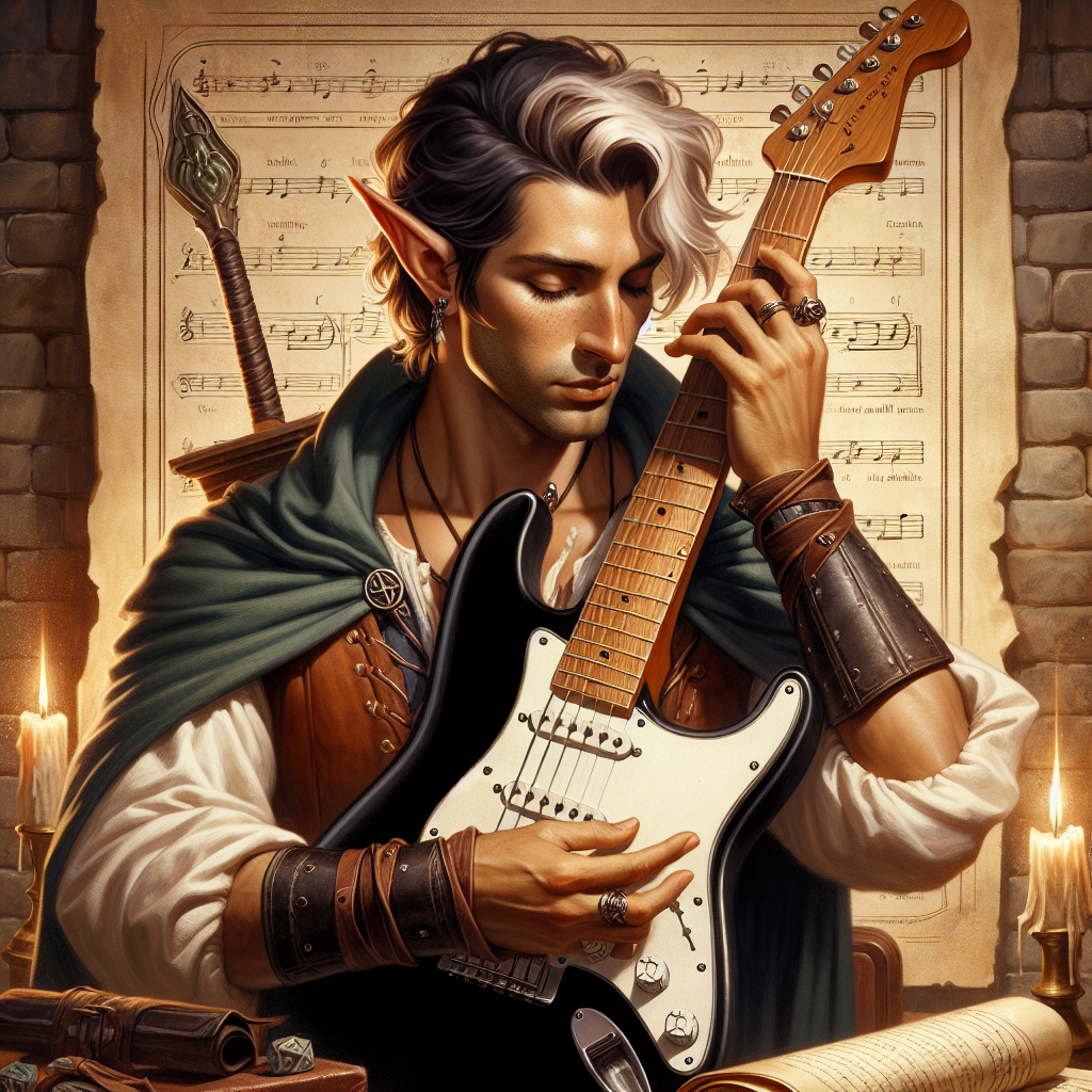 Half-Elf Bard with Black Fender Stratocaster