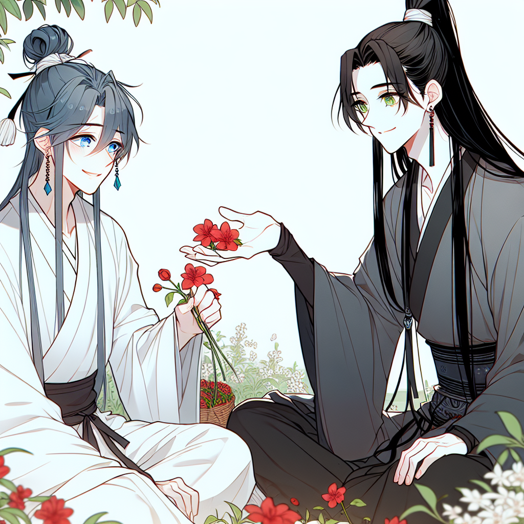 Manhwa Style Garden Scene with Blue and Black Haired Young Men