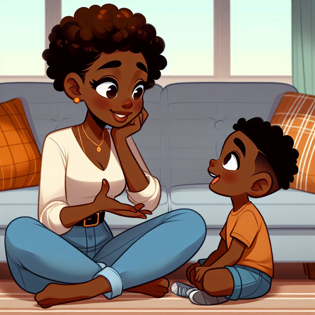 Cartoon: Young Black Mother & 5-Year-Old Son