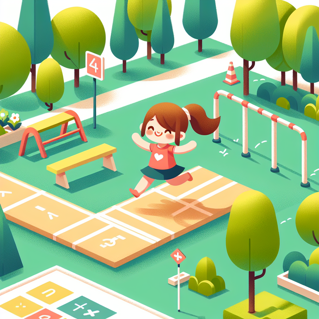 Cute Girl Skipping Over Vault in Geometric Park Scene