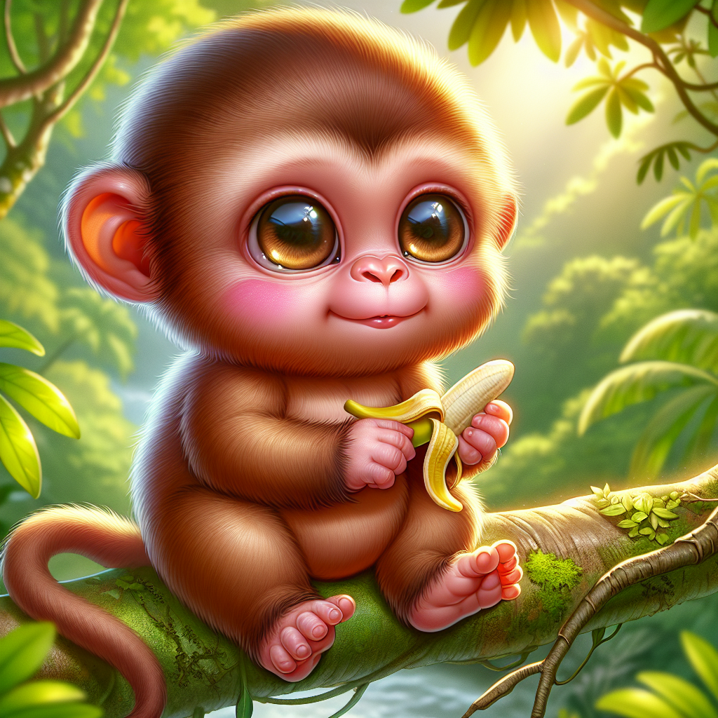 Chubby Baby Monkey Illustration in Tropical Rainforest