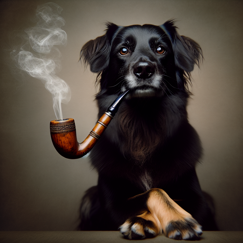 Expressive Black Dog Holding Wooden Pipe