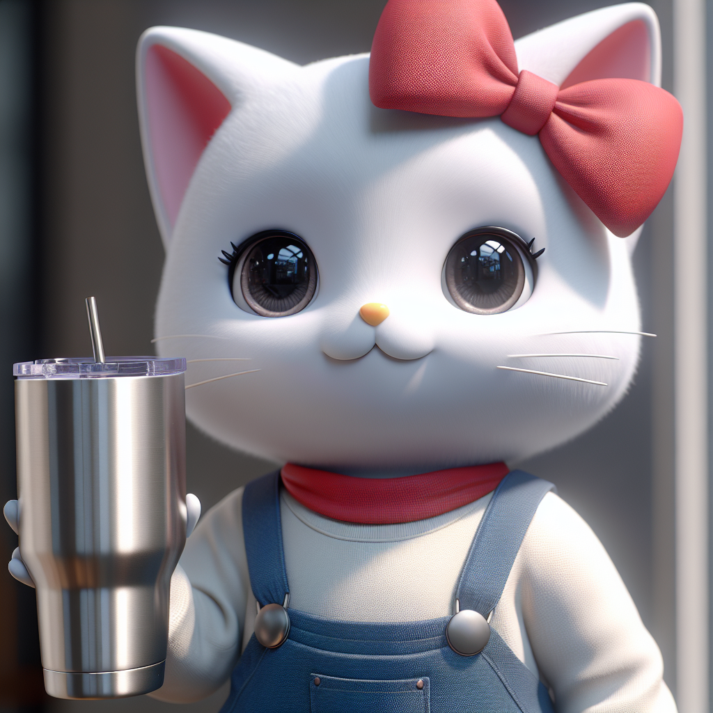 Realistic Hello Kitty holding Stanley Tumbler