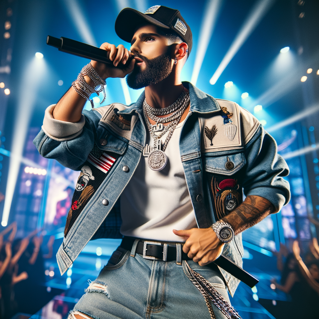 Passionate Male Reggaeton Artist on Stage in Trendy Urban Fashion