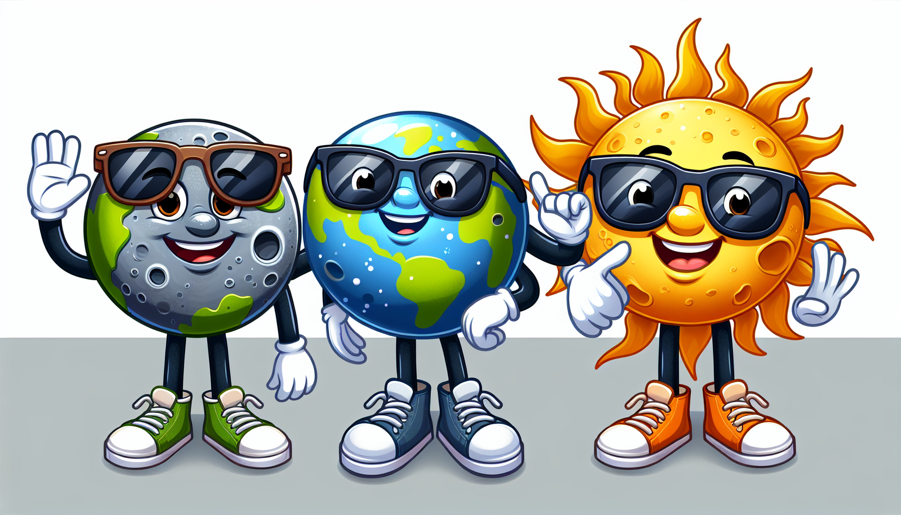 Anthropomorphic Earth, Moon, and Sun Cartoon Characters