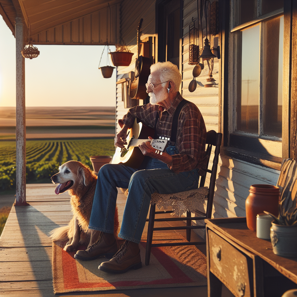 Elderly Man Playing Guitar on Front Porch of Rustic Farmhouse