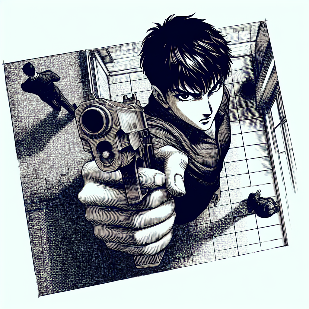 Intense Anime Scene: Male Character Holding Firearm