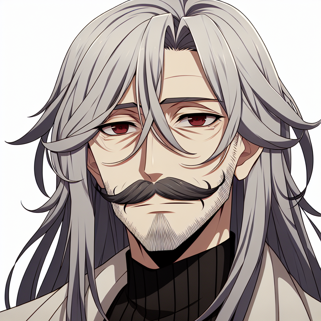 Charismatic Elderly Man with Long Grey Hair in Anime Style