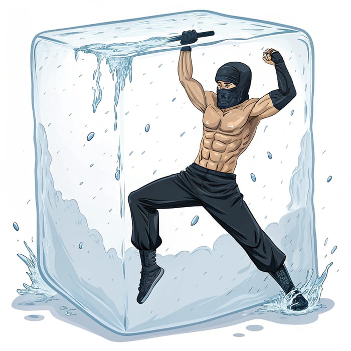 Shirtless Ninja with Ripped Abs Inside an Ice Cube