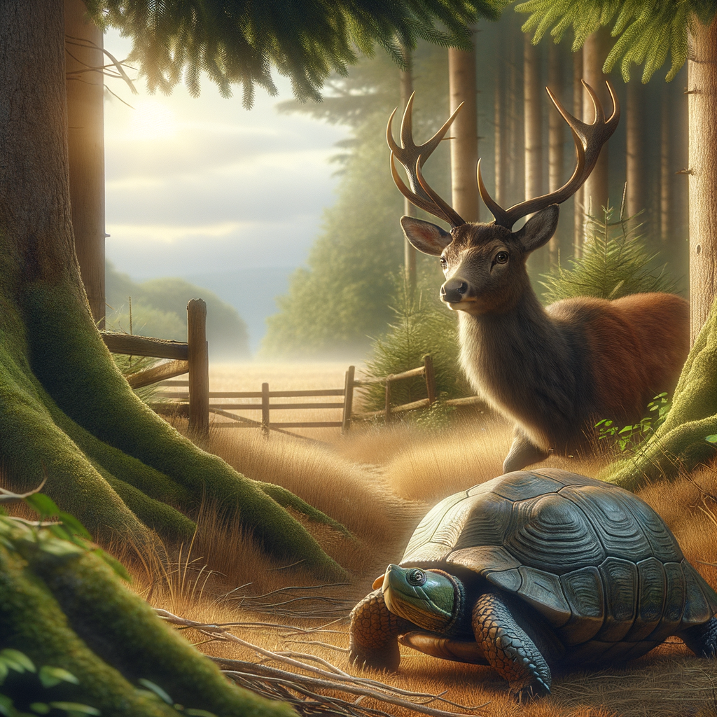 Majestic Deer and Patient Turtle in Serene Country Landscape